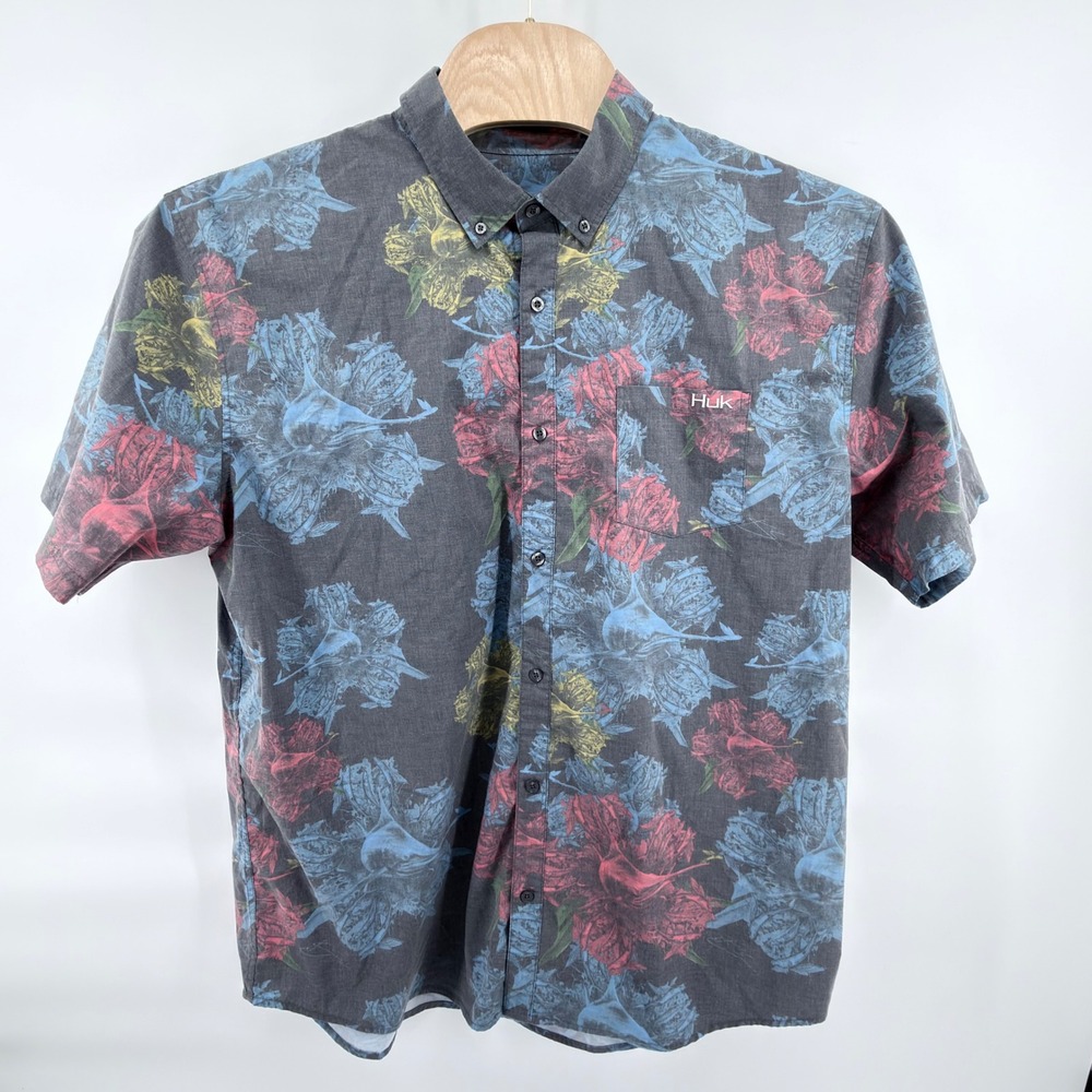 Huk Fishing Shirt Mens 2XL Gray Marlin Floral Stretch Short‎ Sleeve Button Front